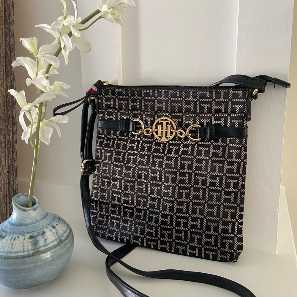 Tommy Hilfiger Monogram Black and Gold Patterned Crossbody Bag
